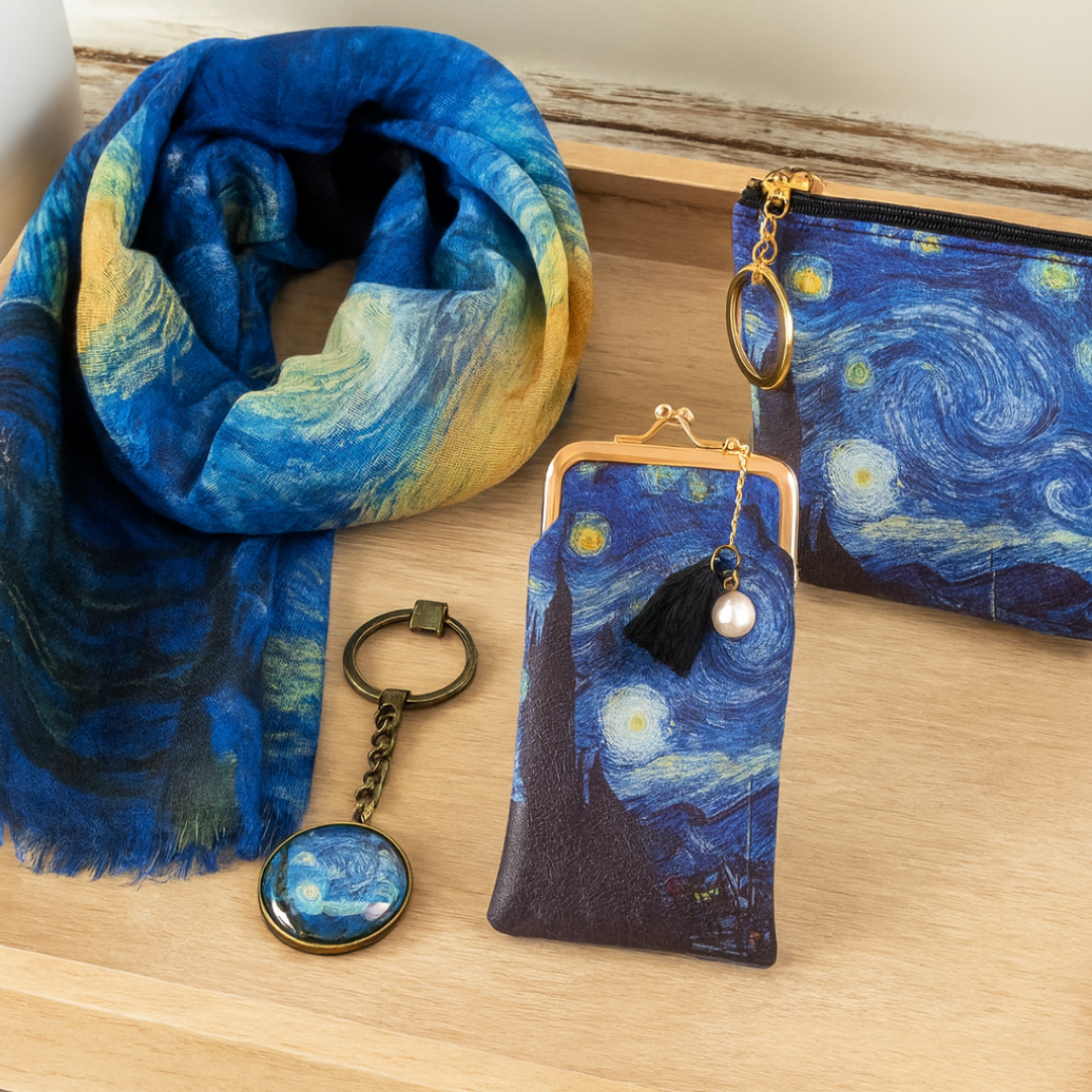 Starry Night Accessories Gift Bundle by Design Shop. Scarf, key chain, accessories case & coin purse.