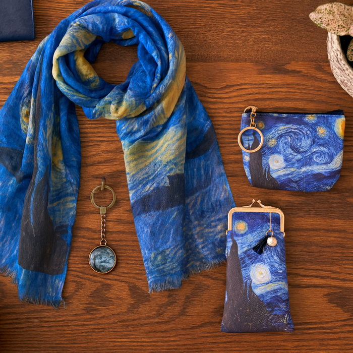 Starry Night Accessories Gift Bundle by Design Shop. Scarf, key chain, accessories case & coin purse.