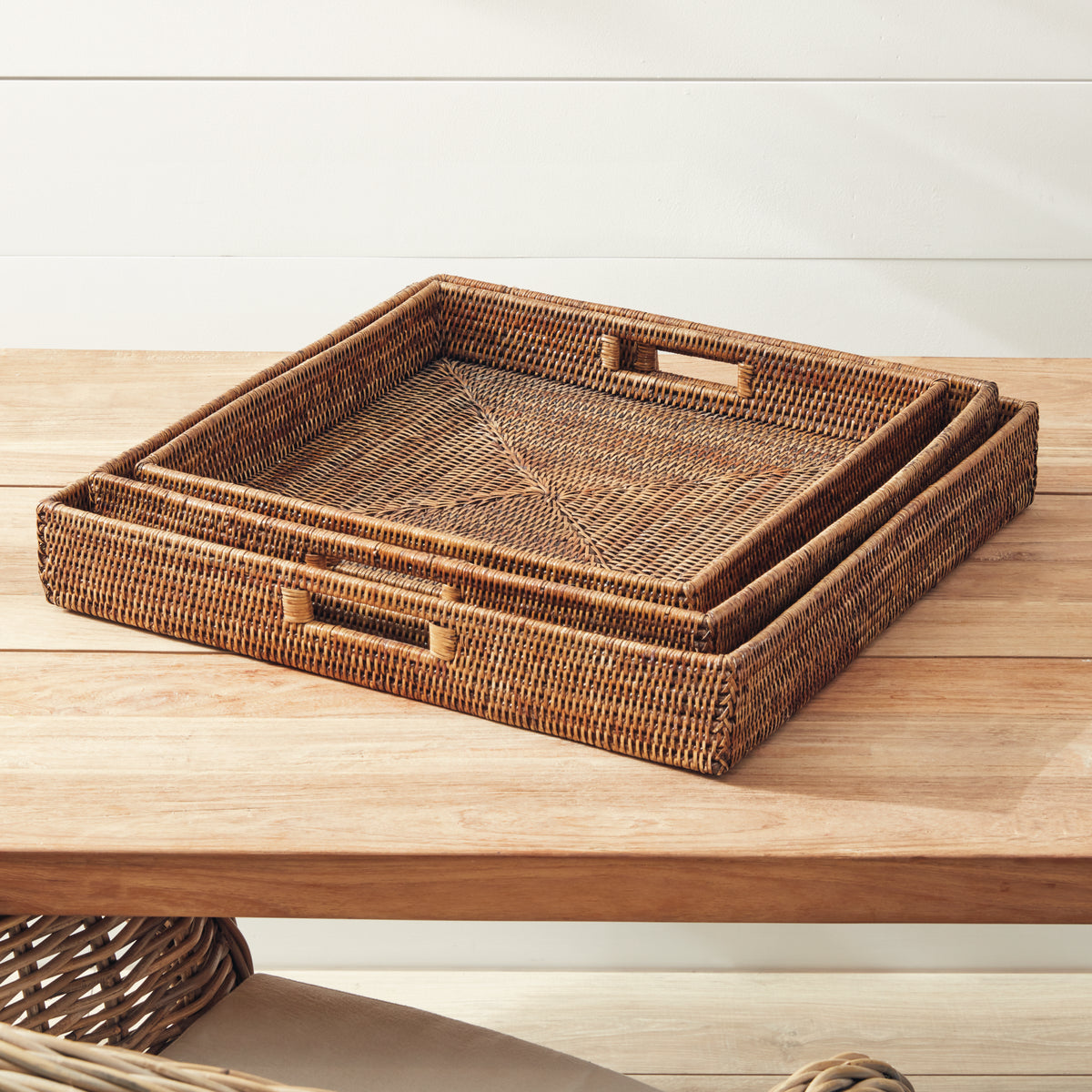 Design Shop Burma Rattan Ottoman Trays, Set Of 3