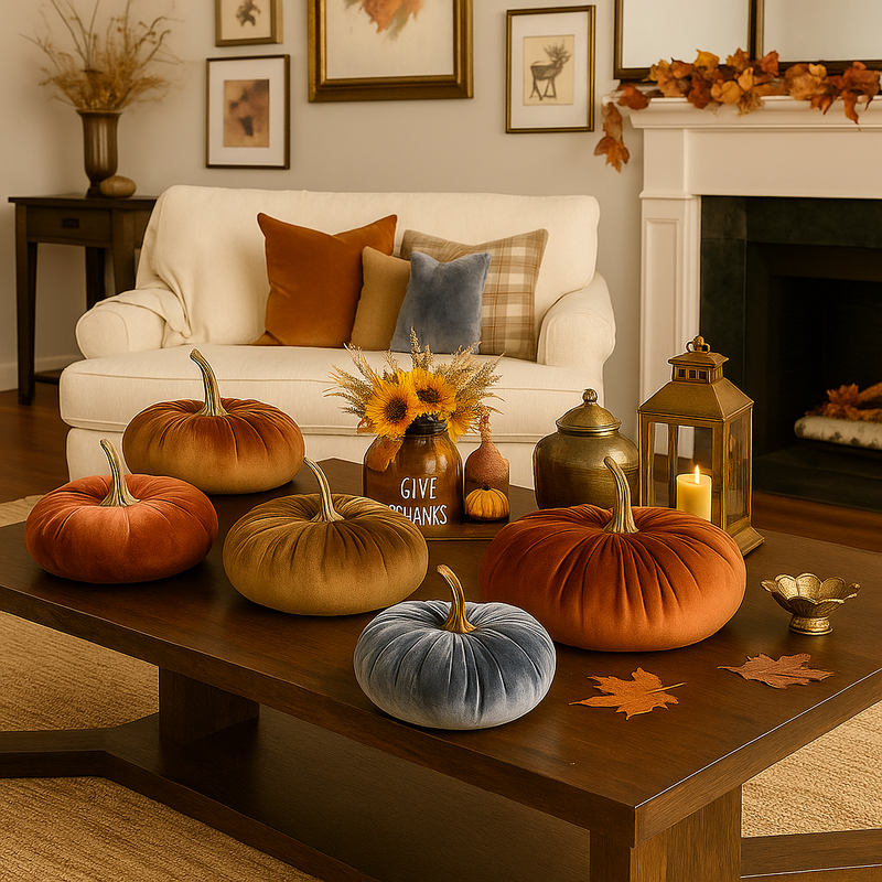 Set of 5 Multi-color Velvet Stuffed Pumpkins