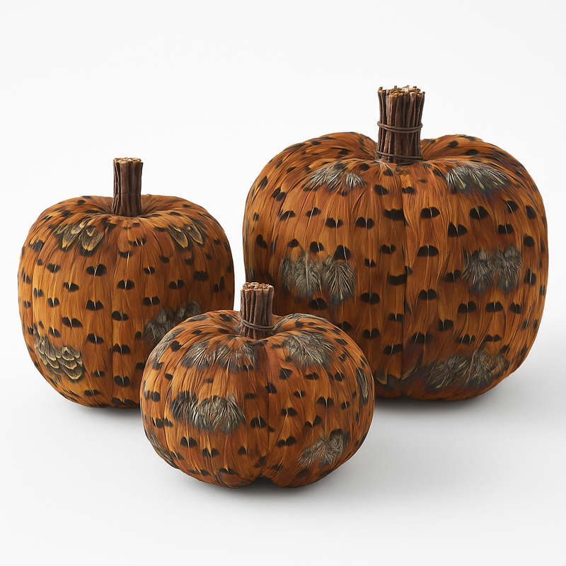 Set of 3 Orange and Brown Feather Pumpkin W/twig Stem