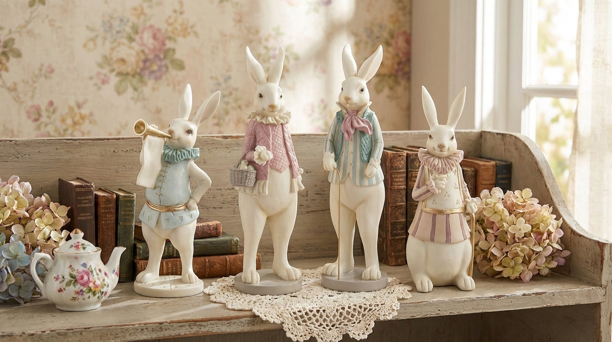Set of 4 Assorted Royal Pink & Green Resin Easter Bunnies