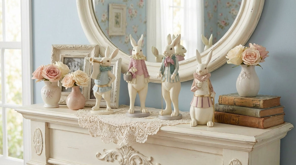 Set of 4 Assorted Royal Pink & Green Resin Easter Bunnies