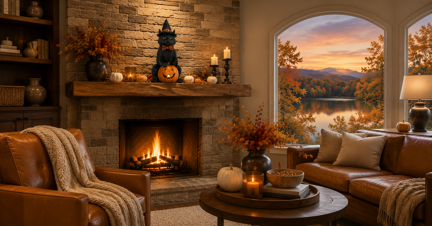 A cozy autumn living room with a stone fireplace, leather armchair and sofa, candles, pumpkins, and a large arched window showing a sunset lake and mountain landscape.