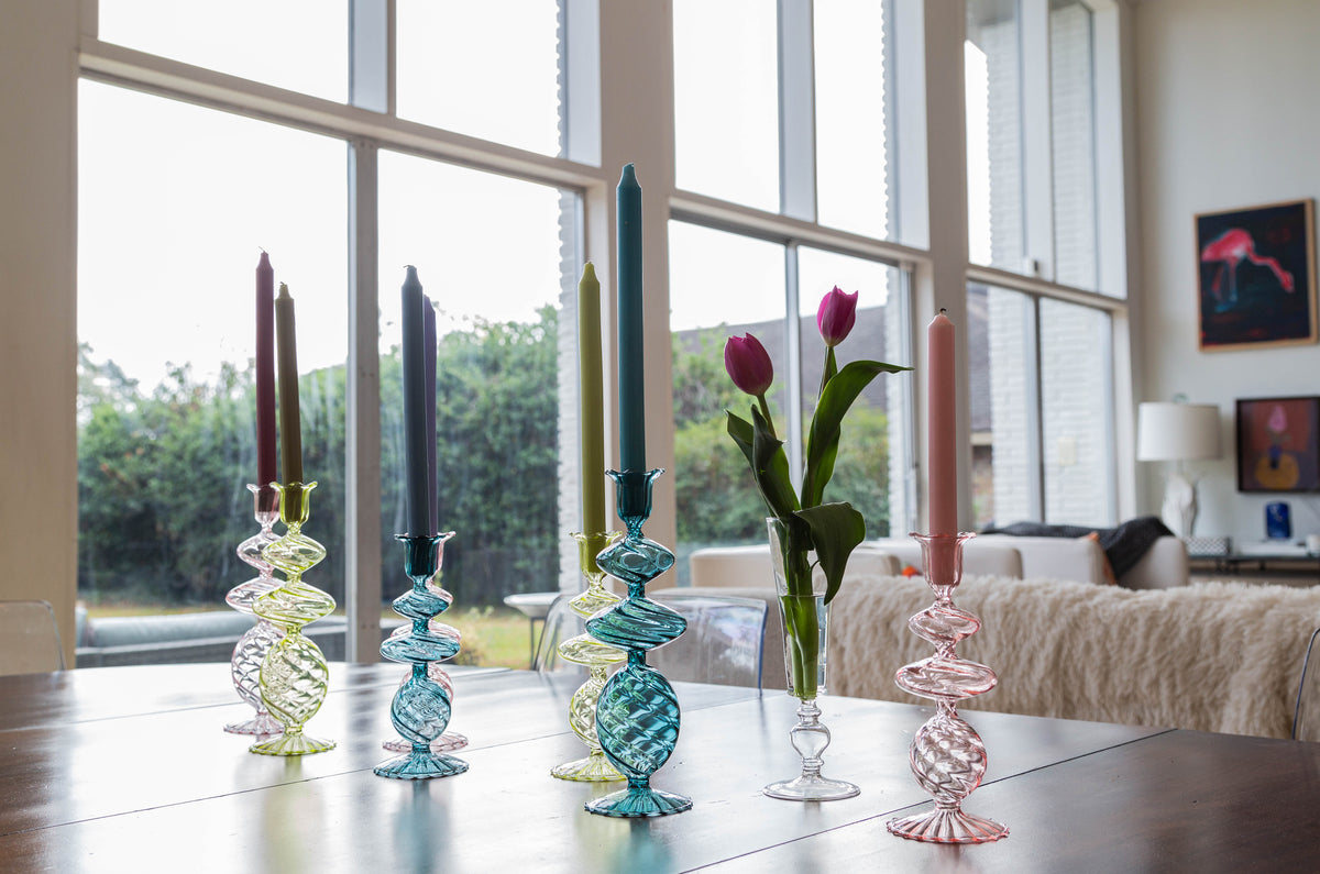 Abigails Blue Swirl Glass Candlestick, Medium, Set of 2