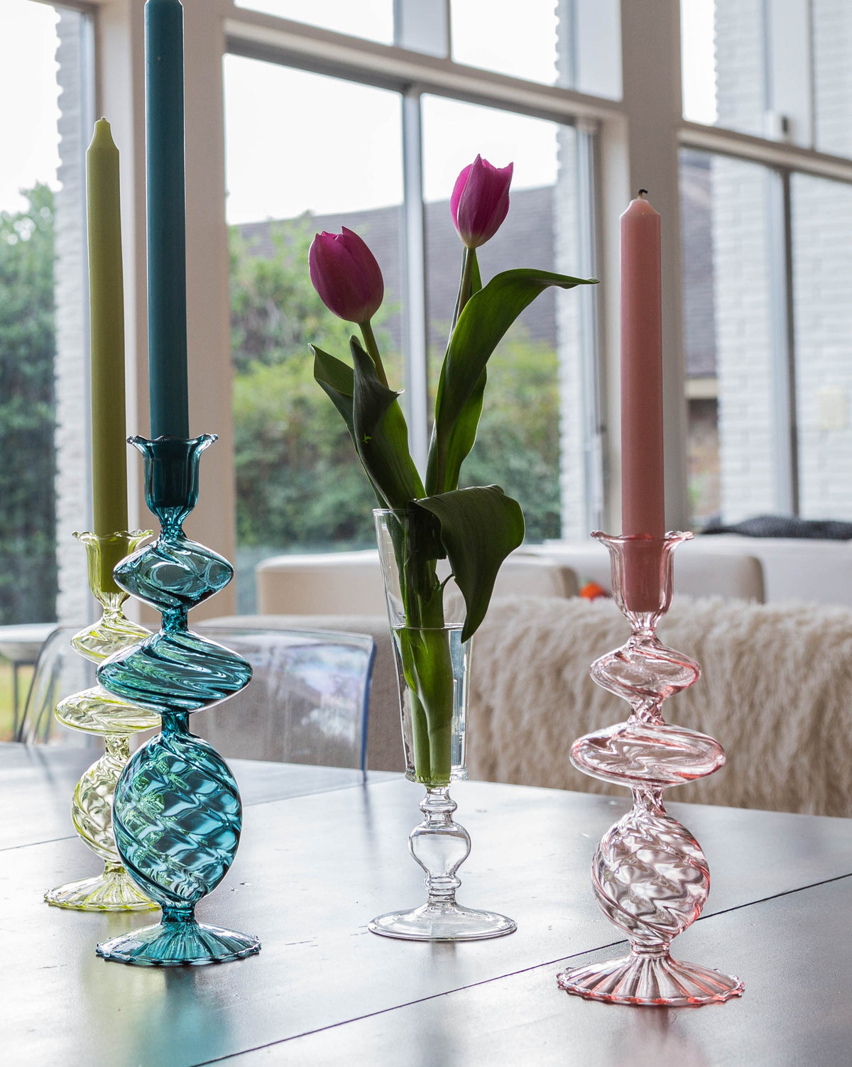 Abigails Pink Swirl Glass Candlestick, Large, Set of 2