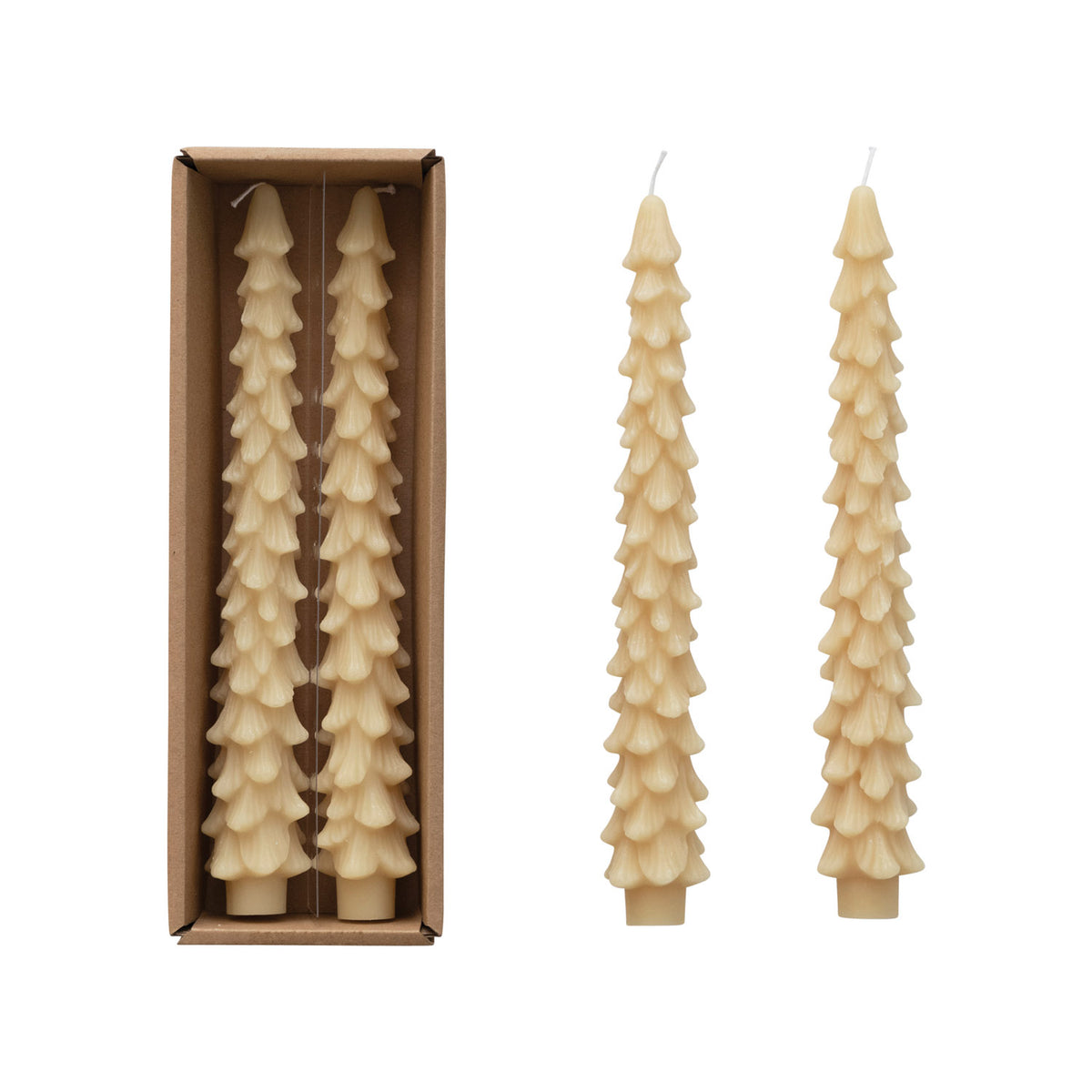 Design Shop Set of 2 10"H Unscented Tree Shaped Taper Candles In Box, Eggnog