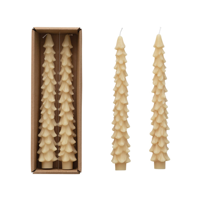 Design Shop Set of 2 10"H Unscented Tree Shaped Taper Candles In Box, Eggnog