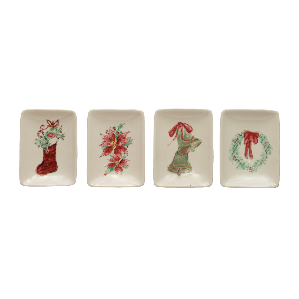 Design Shop Stoneware Dish w/ Greenery/Holiday Image & Gold Electroplating, Set of 4.