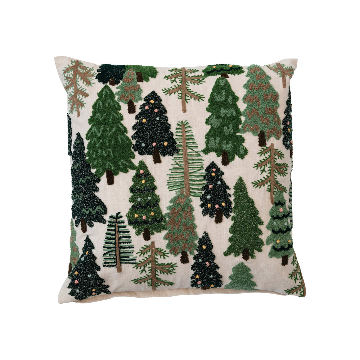 Design Shop 20" Square Cotton Slub Embroidered Pillow w/ Trees & French Knots, Multi Color