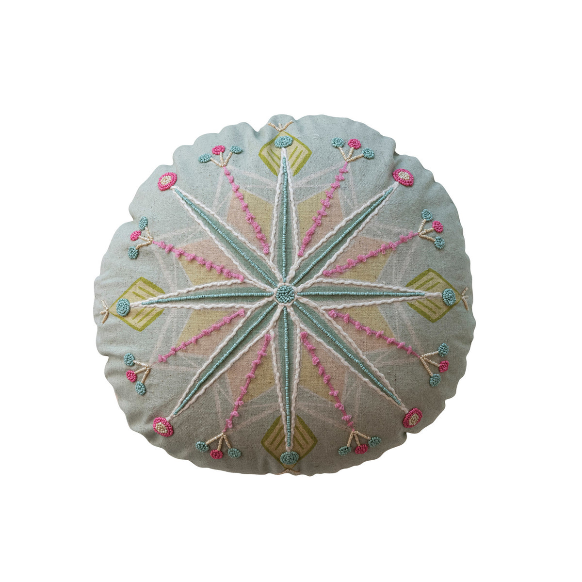 Design Shop 16" Round Cotton Embroidered Pillow w/ Snowflake & Beads, Multi Color