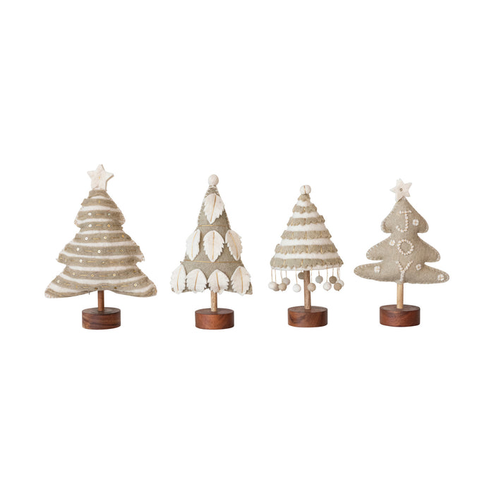 Design Shop Wool Felt Christmas Tree w/ Applique, Pom Poms/Star & Wood Base, Set of 4.