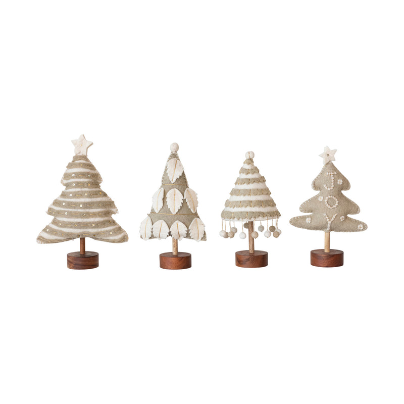 Design Shop Wool Felt Christmas Tree w/ Applique, Pom Poms/Star & Wood Base, Set of 4.