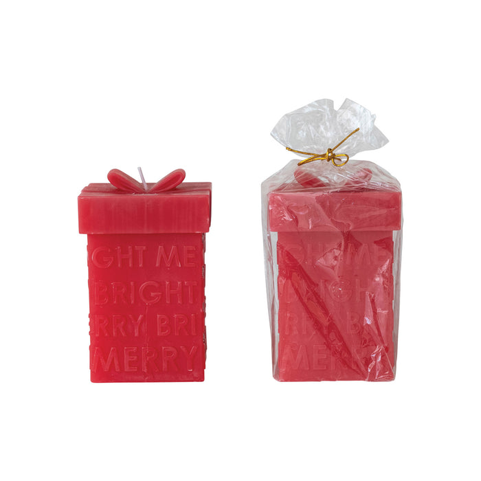 Design Shop Unscented Gift Box Shaped Candle "Merry/Bright", Red