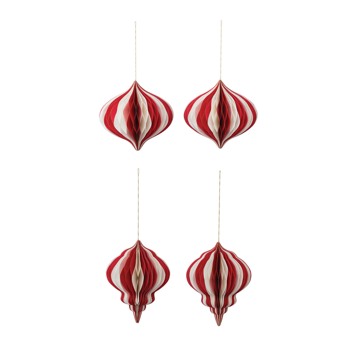 Design Shop Paper Folding Honeycomb Ornament w/ Gold Glitter Edge, Cream Color & Red, Set of 2.
