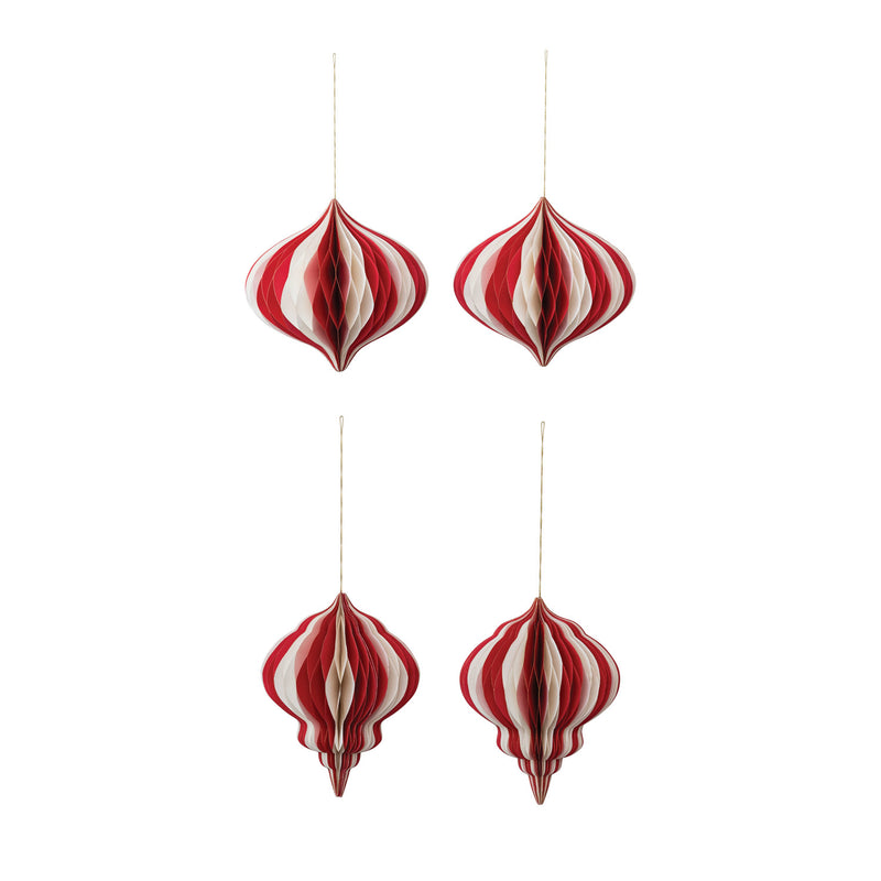 Design Shop Paper Folding Honeycomb Ornament w/ Gold Glitter Edge, Cream Color & Red, Set of 2.