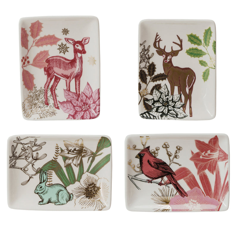 Design Shop Stoneware Dish w/ Flora/Fauna Pattern & Gold Electroplating, Set of 4.