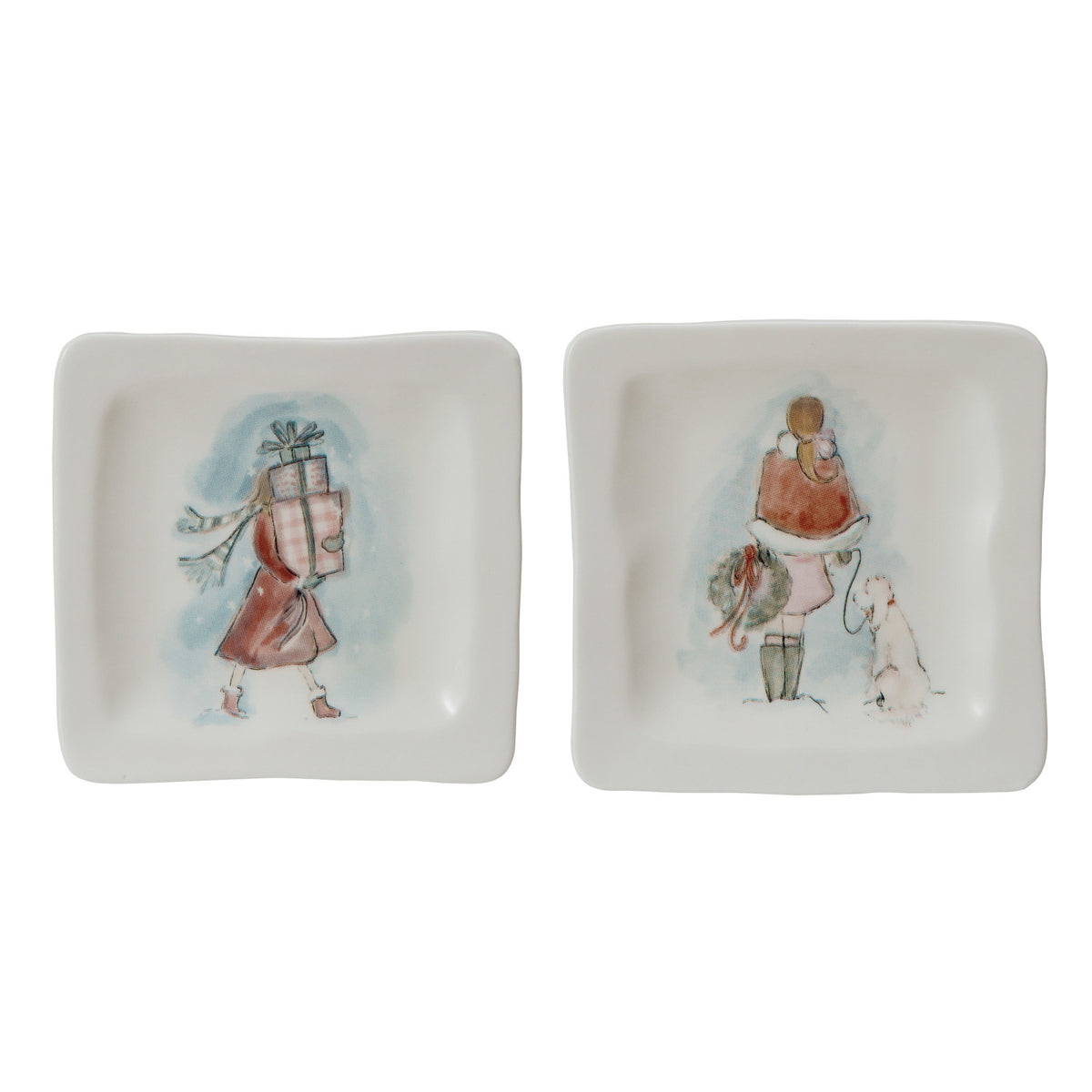 Design Shop Stoneware Dish w/ Holiday Girl, Set of 2.