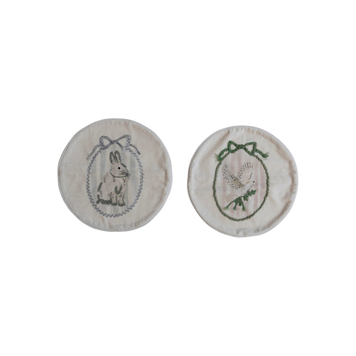 Design Shop 16" Round Cotton Velvet Pillow w/ Embroidered Rabbit/Dove,  Set of 2.