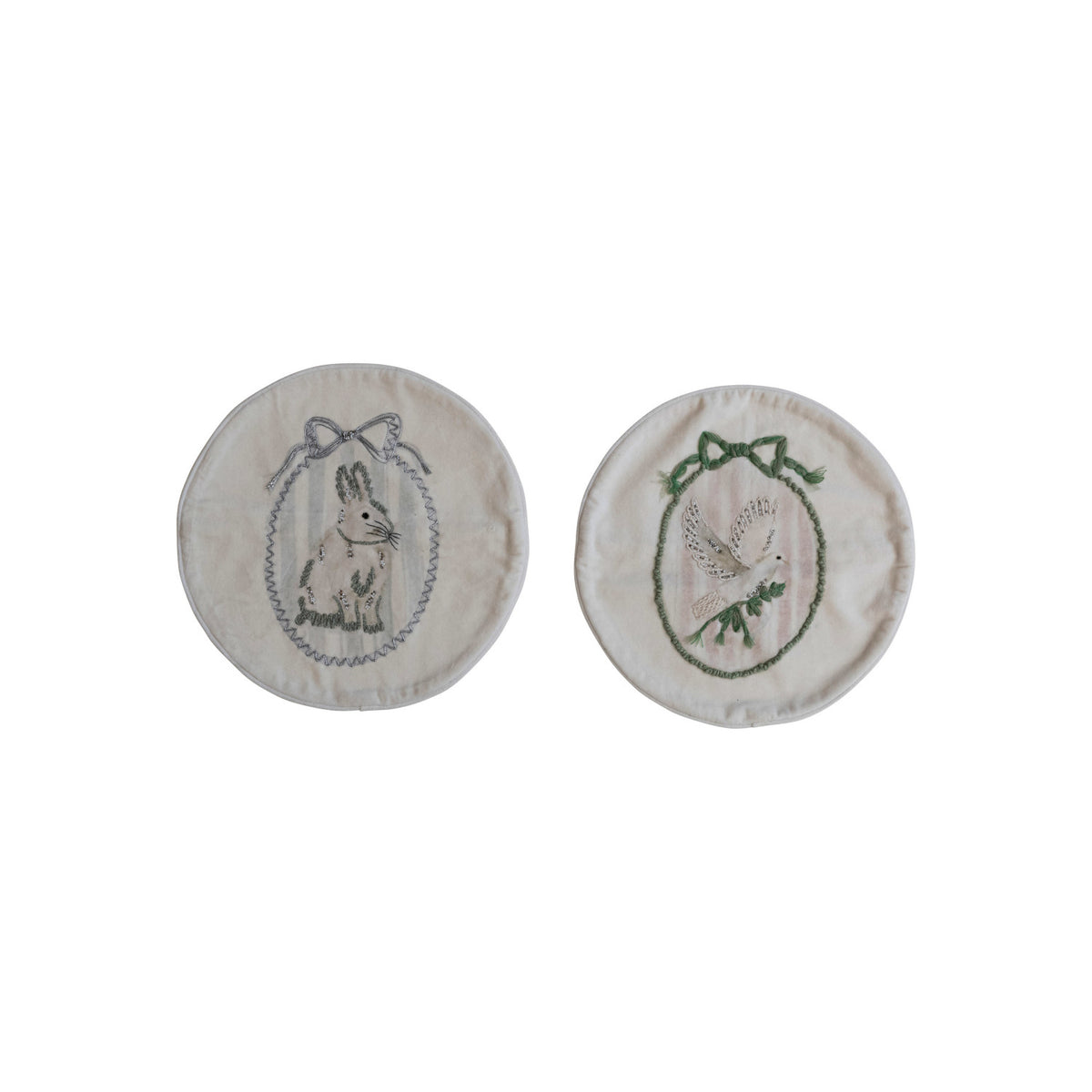 Design Shop 16" Round Cotton Velvet Pillow w/ Embroidered Rabbit/Dove,  Set of 2.