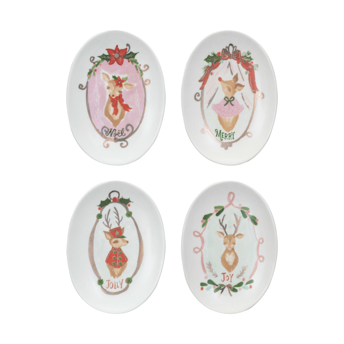 Design Shop Stoneware Dish w/ Deer & Holiday Word, Set of 4.