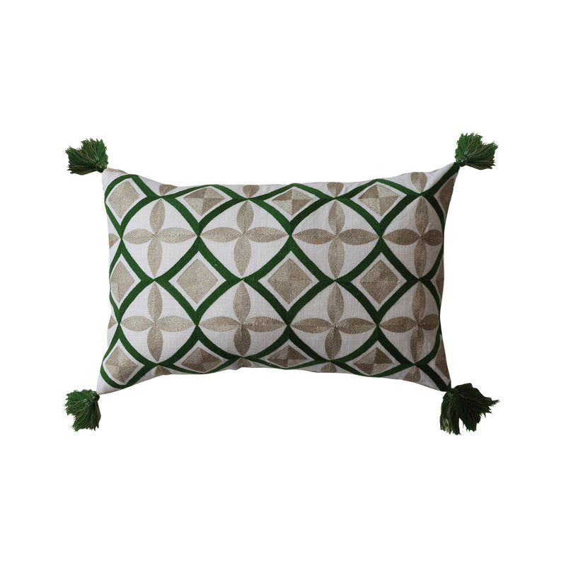 Design Shop 22"L x 14"H Cotton Embroidered Lumbar Pillow w/ Metallic Gold Thread & Tassels