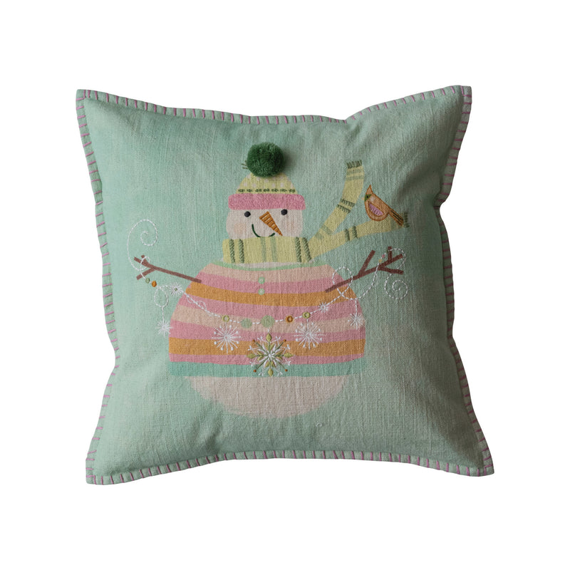 Design Shop 18" Square Cotton Printed Pillow w/ Snowman, Pom Pom & Hand-Embroidery