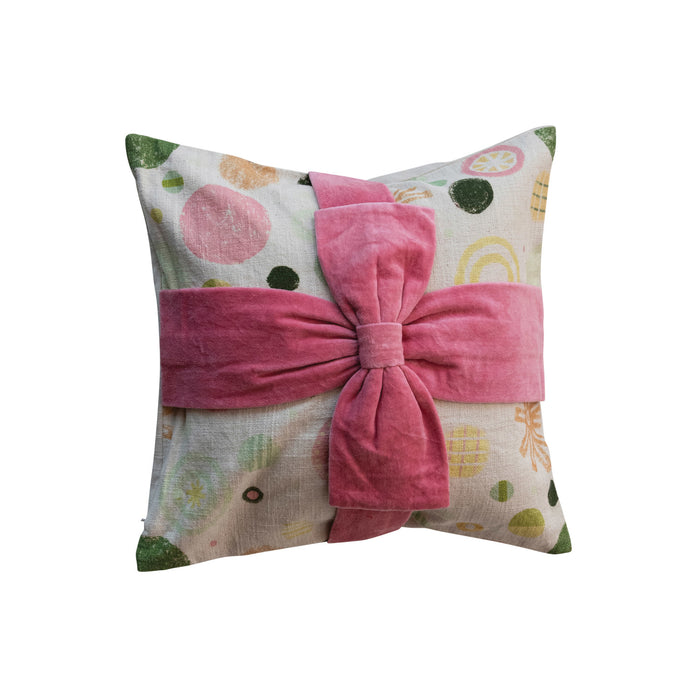 Design Shop 16" Square Cotton Printed Pillow w/ Pattern & Velvet Applique Bow, Multi Color