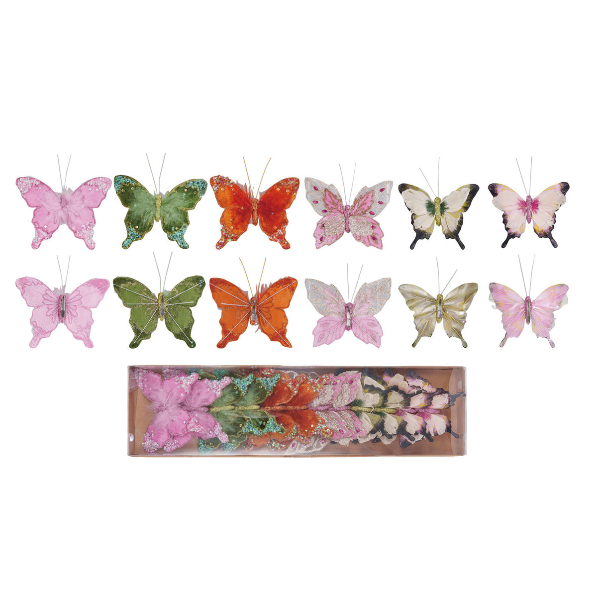 Design Shop Feather Butterfly Clip-on Ornaments w/ Glitter, Boxed Set of 12