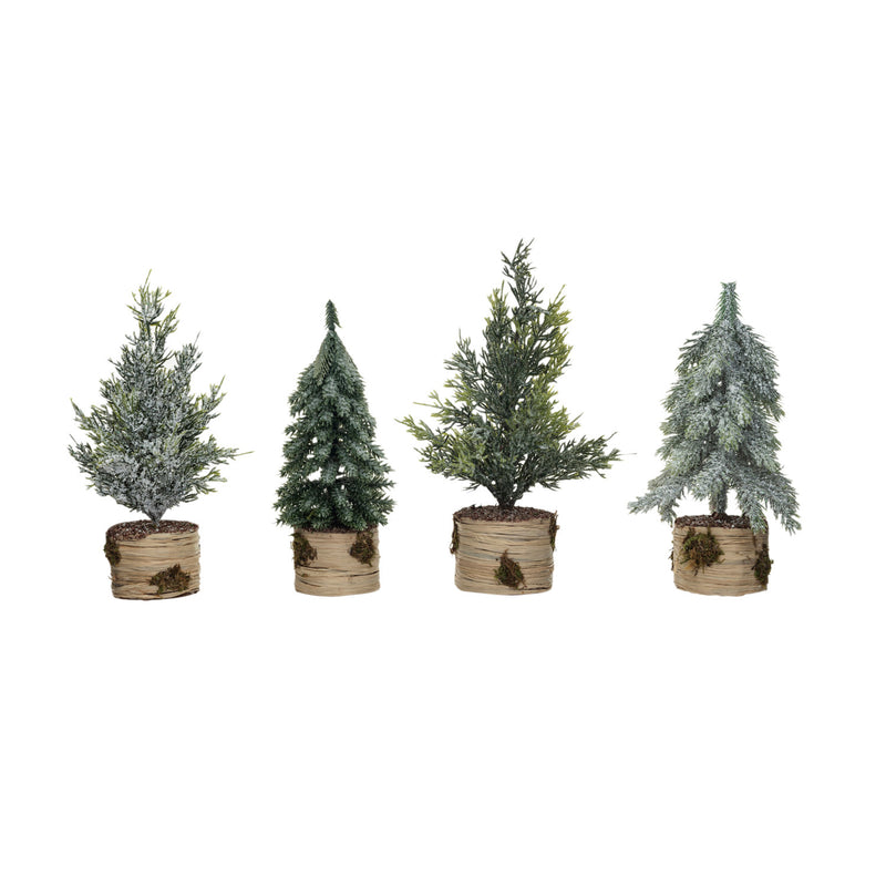 Design Shop Faux Cedar Tree w/ Faux Wood Base, Snow/Frost Finish, Set of 4.