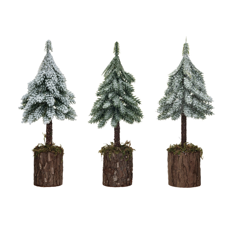 Design Shop Faux Fir Tree w/ Wood & Moss Base, Snow/Frost Finish, Green, Set of 3.
