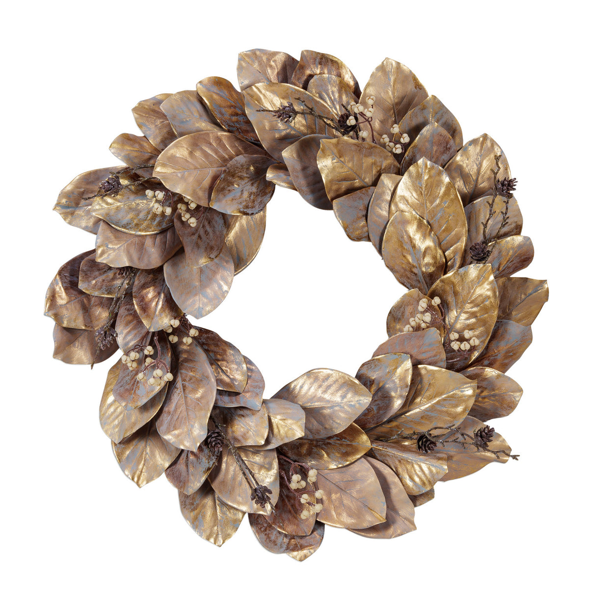 Design Shop 24" Round Faux Magnolia Leaf Wreath w/ Berries, Gold Finish