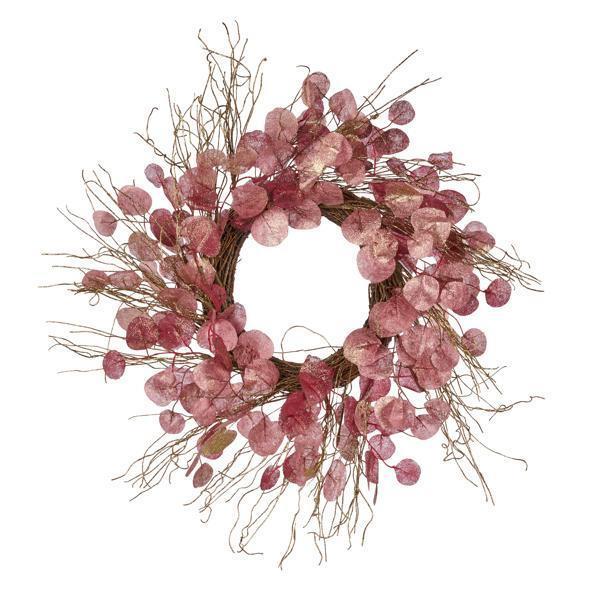 Decorative wreath with pink berries and branches on a white background
