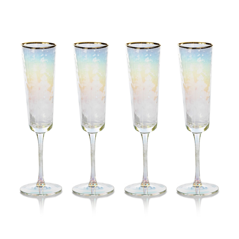 Zodax Kampari Triangular Champagne Flutes with Gold Rim, Luster, Set of 4