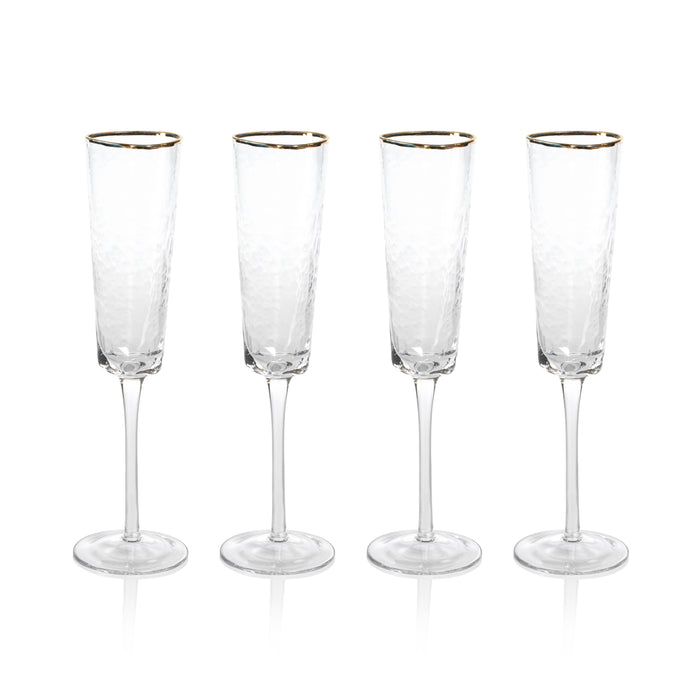 Zodax Kampari Triangular Champagne Flutes with Gold Rim, Clear, Set of 4
