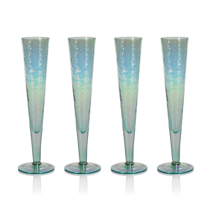 Zodax Kandi Slim Champagne Flutes, Luster Blue, Set of 4
