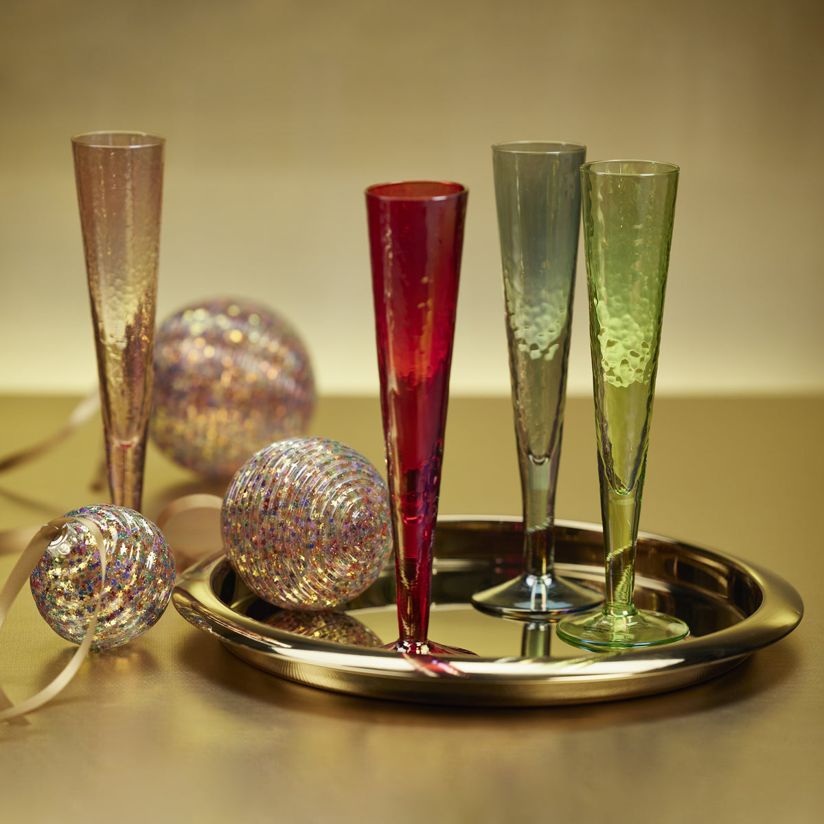 Zodax Kandi Slim Champagne Flutes, Luster Green, Set of 4