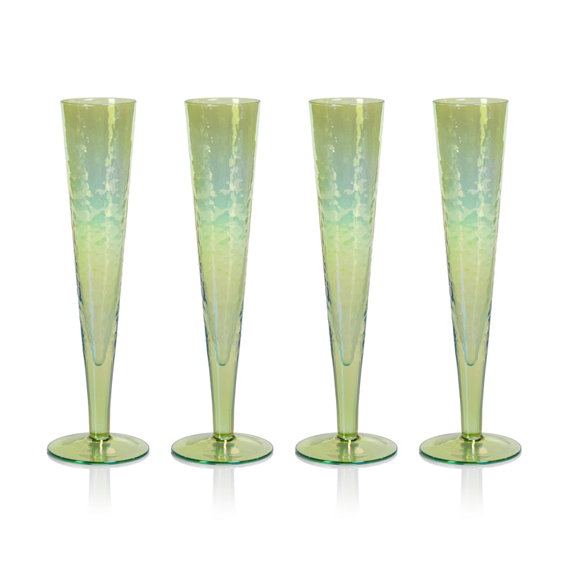 Zodax Kandi Slim Champagne Flutes, Luster Green, Set of 4