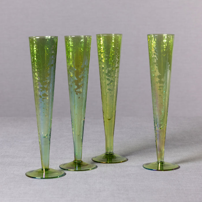 Zodax Kandi Slim Champagne Flutes, Luster Green, Set of 4
