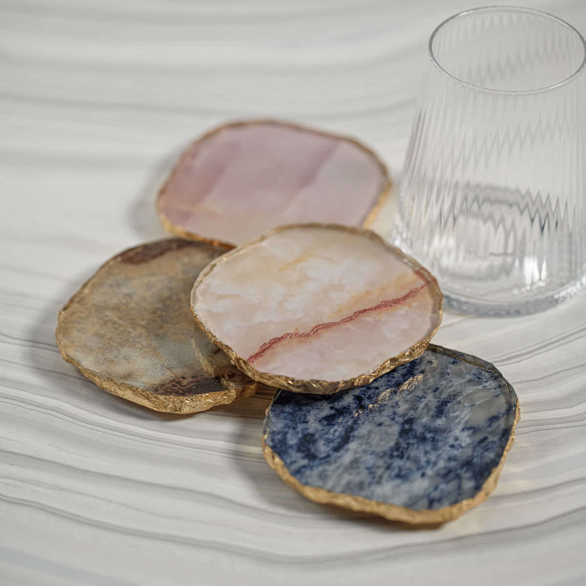 Zodax Viken 4-Piece Agate Marble Glass Coaster Set, Pink