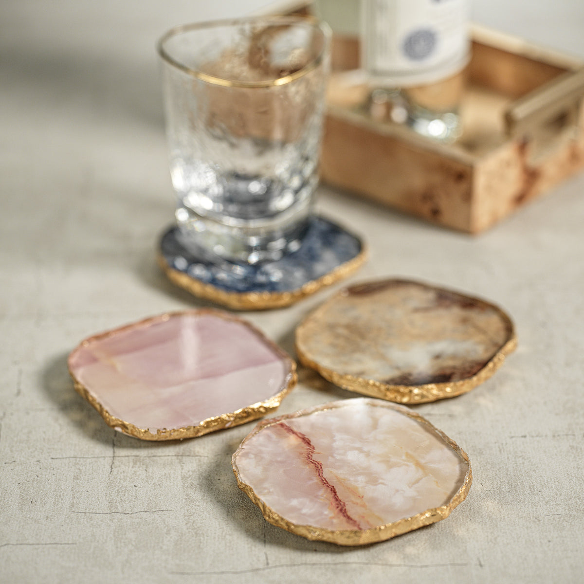 Zodax Viken 4-Piece Agate Marble Glass Coaster Set, Blue