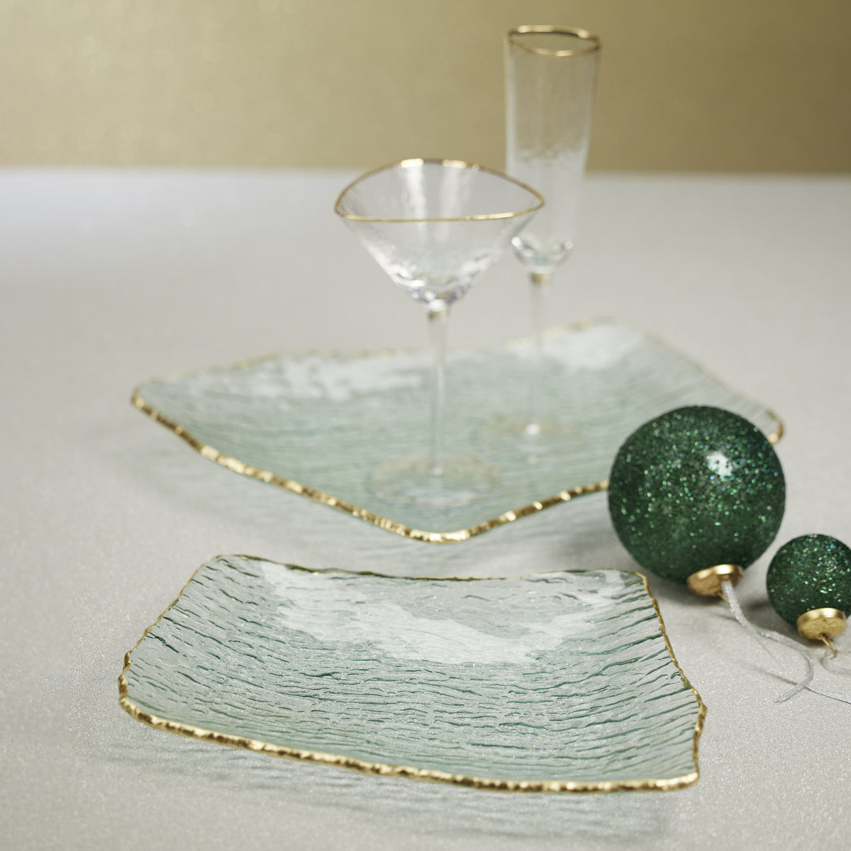 Zodax Cassiel Rectangular Organic Shape Plates with Jagged Gold Rim, Large, Set of 4