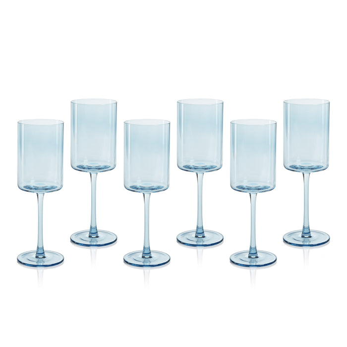 A set of six light blue colored wine glasses with a tall stem and cylindrical bowl, displayed against a white background.