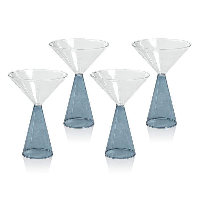 A set of four martini glasses with blue stems and clear upper portions, arranged side by side against a white background.