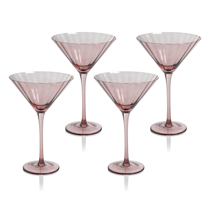 A set of four purple martini glasses with a streamlined design.