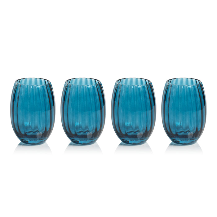 Zodax Malden Optic Stemless All-Purpose Glasses, Blue Azure, Set of 4