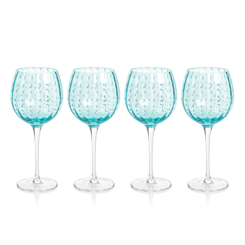 Zodax Pescara White Dot Wine Glasses, Aqua Blue, Set of 4