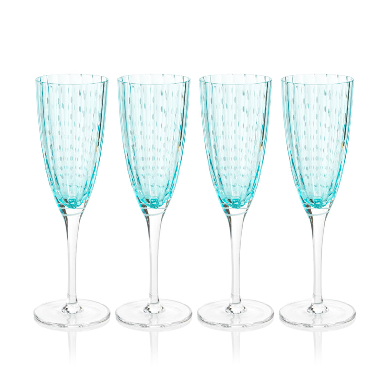 Zodax Pescara White Dot Champagne Flutes, Aqua Blue, Set of 4