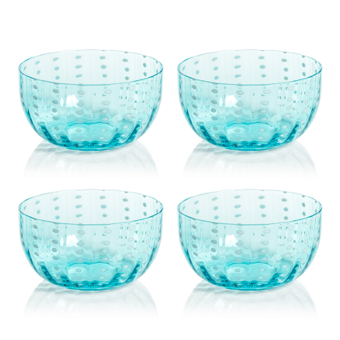 Zodax Pescara White Dot Condiment Glass Bowls, Aqua Blue, Set of 4