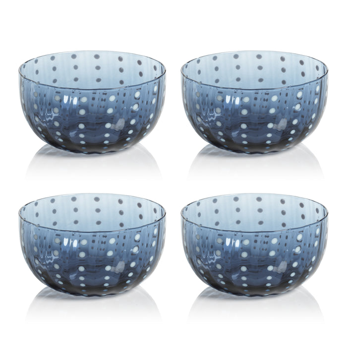 Zodax Pescara White Dot Condiment Glass Bowls, Navy Blue, Set of 4
